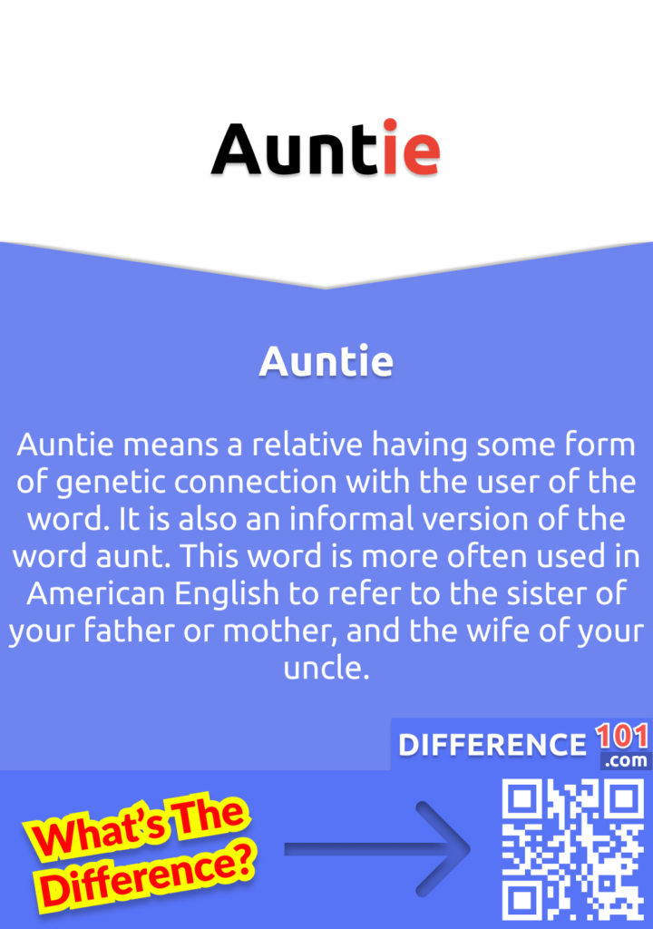 What Does Auntie Mean? Auntie means a relative having some form of genetic connection with the user of the word. It is also an informal version of the word aunt. This word is more often used in American English to refer to the sister of your father or mother, and the wife of your uncle