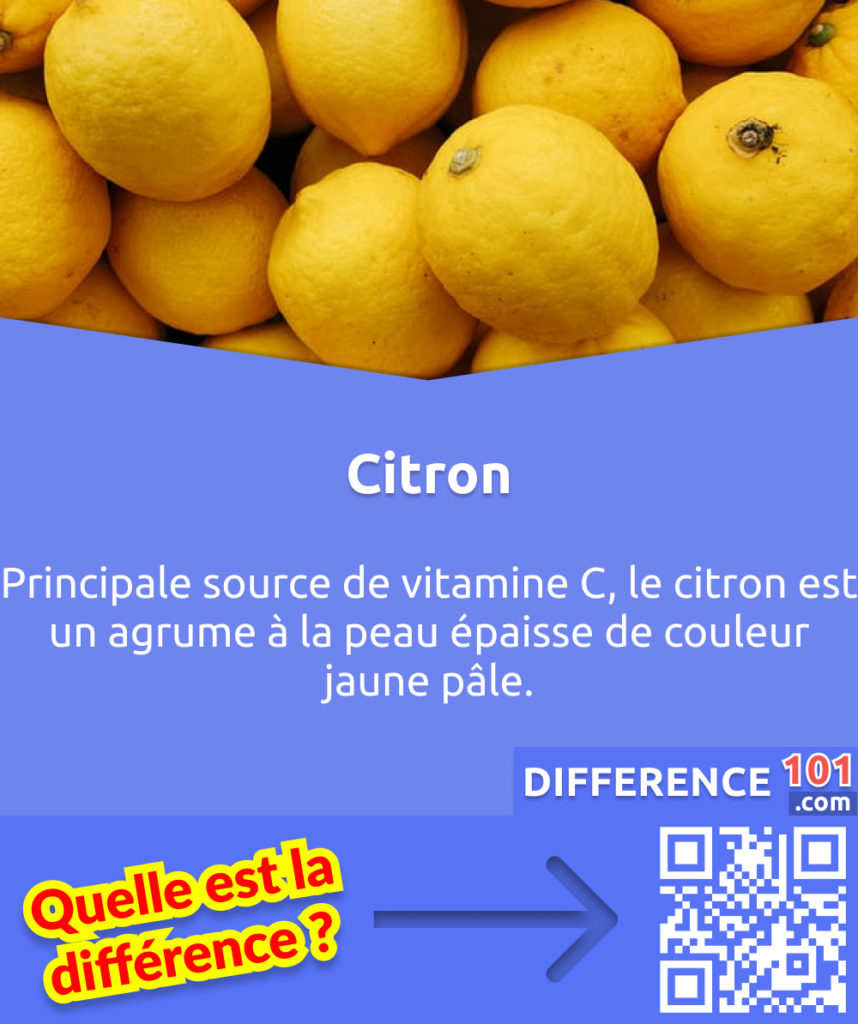 Qu'est-ce que le Citron? Principale source de vitamine C, le citron est un agrume à la peau épaisse de couleur jaune pâle. 