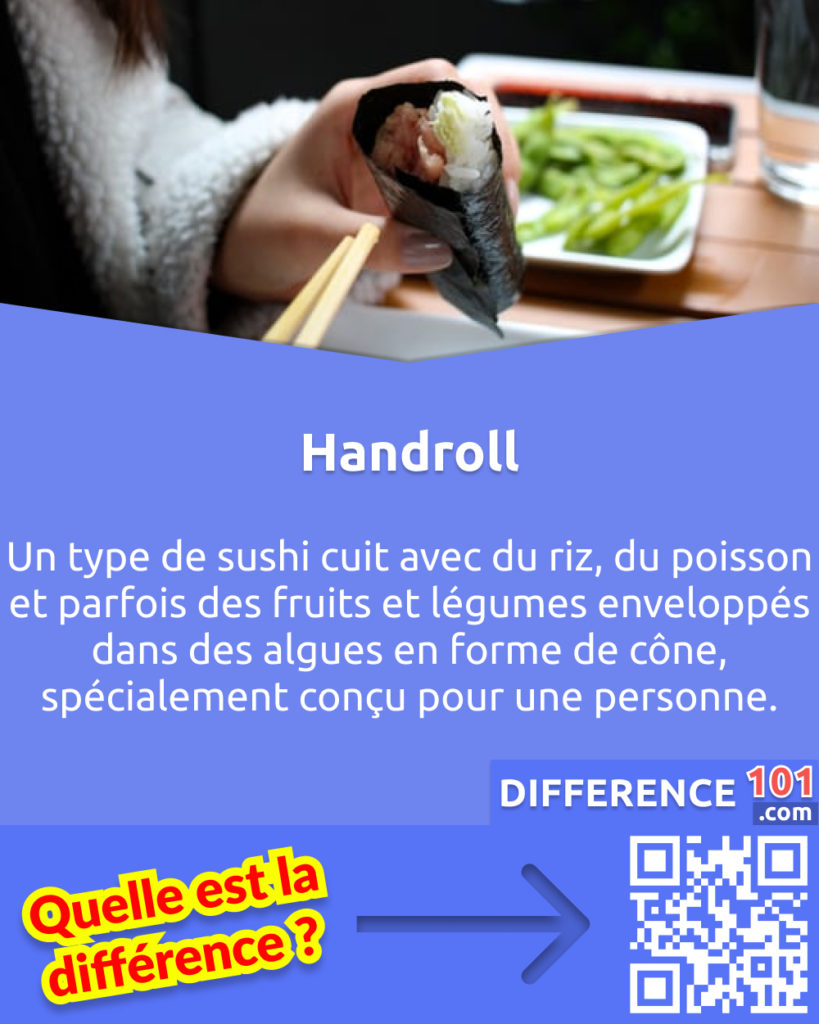 Qu'est-ce que le Hand Roll? Un type de sushi cuit avec du riz, du poisson et parfois des fruits et légumes enveloppés dans des algues en forme de cône, spécialement conçu pour une personne.