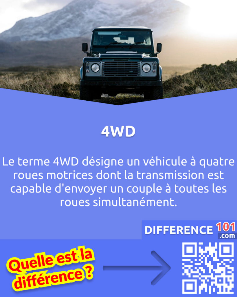 Qu'est-ce qu'un 4WD? Le terme 4WD désigne un véhicule à quatre roues motrices dont la transmission est capable d'envoyer un couple à toutes les roues simultanément.
