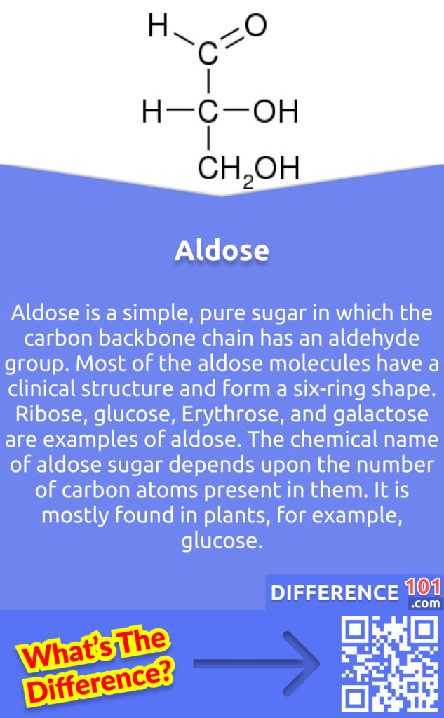 What is Aldose? Aldose is a simple, pure sugar in which the carbon backbone chain has an aldehyde group. Most of the aldose molecules have a clinical structure and form a six-ring shape. Ribose, glucose, Erythrose, and galactose are examples of aldose. The chemical name of aldose sugar depends upon the number of carbon atoms present in them. It is mostly found in plants, for example, glucose.