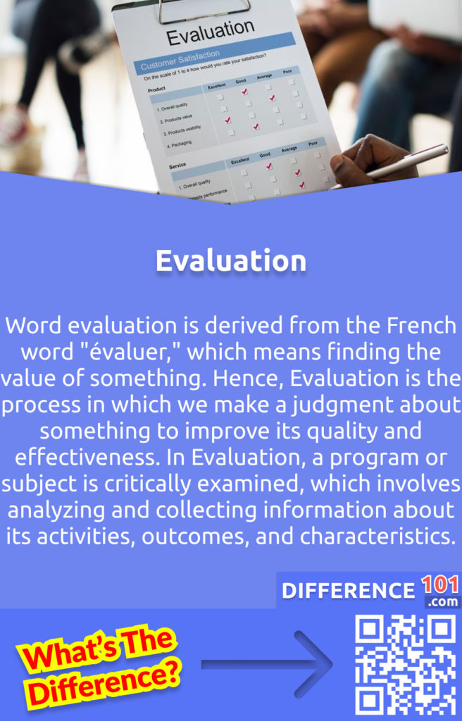 What is Evaluation? Word evaluation is derived from the French word "évaluer," which means finding the value of something. Hence, Evaluation is the process in which we make a judgment about something to improve its quality and effectiveness. In Evaluation, a program or subject is critically examined, which involves analyzing and collecting information about its activities, outcomes, and characteristics.