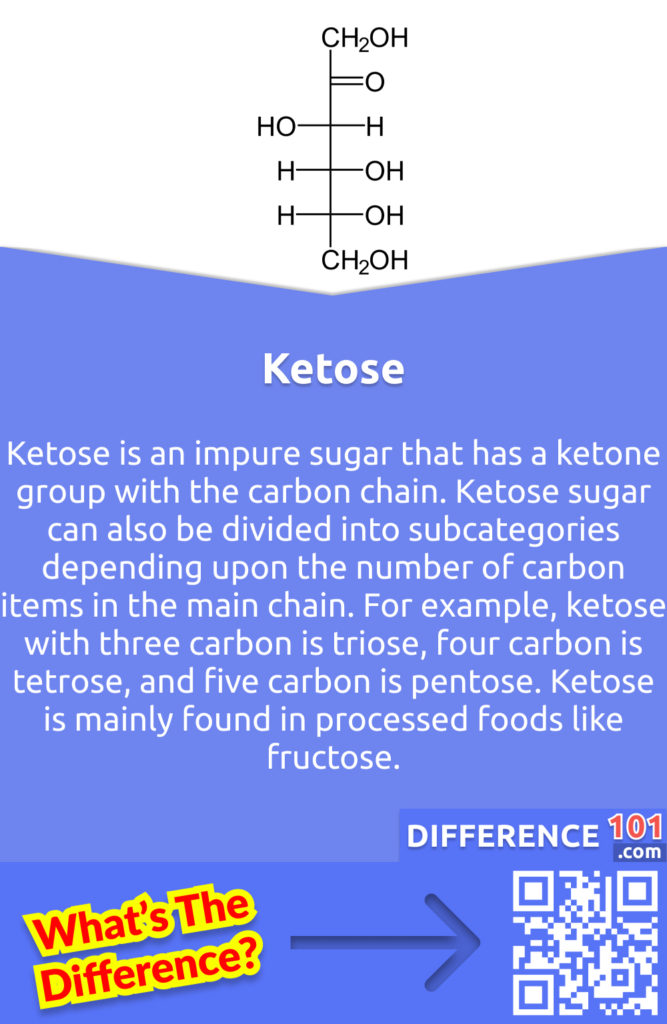 What is Ketose? Ketose is an impure sugar that has a ketone group with the carbon chain. Ketose sugar can also be divided into subcategories depending upon the number of carbon items in the main chain. For example, ketose with three carbon is triose, four carbon is tetrose, and five carbon is pentose. Ketose is mainly found in processed foods like fructose.
