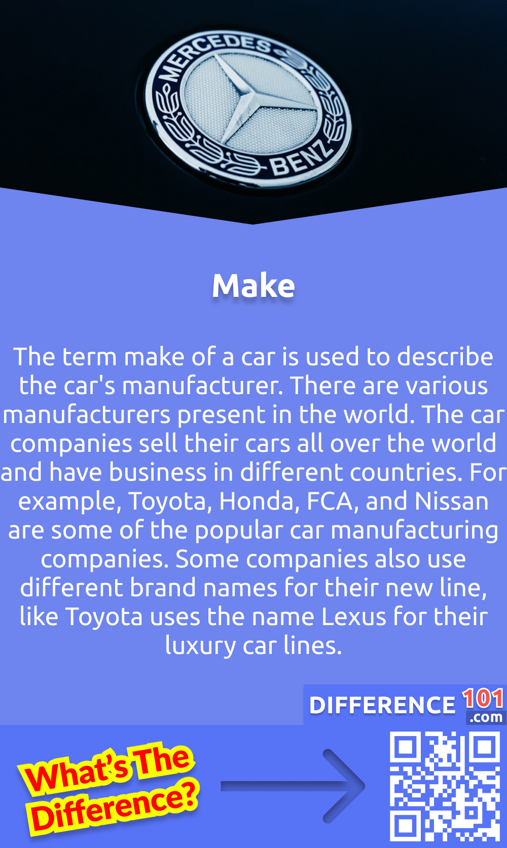 What is the make of a car? The term make of a car is used to describe the car's manufacturer. There are various manufacturers present in the world. The car companies sell their cars all over the world and have business in different countries. For example, Toyota, Honda, FCA, and Nissan are some of the popular car manufacturing companies. Some companies also use different brand names for their new line, like Toyota uses the name Lexus for their luxury car lines.