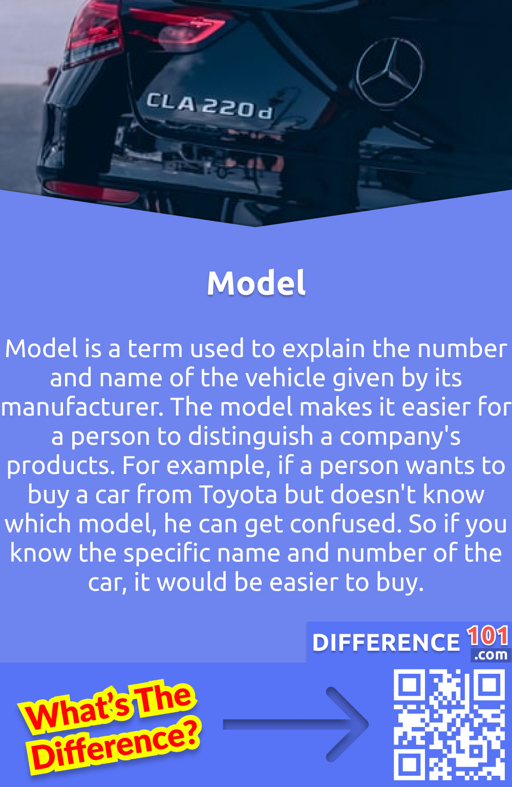 What is a model of a car? Model is a term used to explain the number and name of the vehicle given by its manufacturer. The model makes it easier for a person to distinguish a company's products. For example, if a person wants to buy a car from Toyota but doesn't know which model, he can get confused. So if you know the specific name and number of the car, it would be easier to buy.