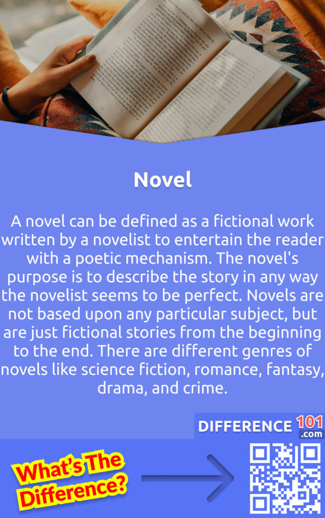 What is a Novel? A novel can be defined as a fictional work written by a novelist to entertain the reader with a poetic mechanism. The novel's purpose is to describe the story in any way the novelist seems to be perfect. Novels are not based upon any particular subject, but are just fictional stories from the beginning to the end. There are different genres of novels like science fiction, romance, fantasy, drama, and crime.
