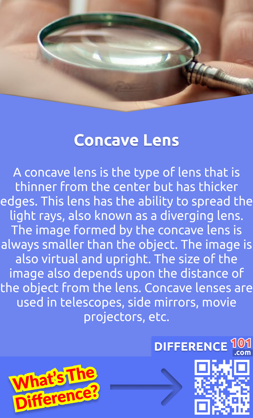 What are Concave Lens? A concave lens is the type of lens that is thinner from the center but has thicker edges. This lens has the ability to spread the light rays, also known as a diverging lens. The image formed by the concave lens is always smaller than the object. The image is also virtual and upright. The size of the image also depends upon the distance of the object from the lens. Concave lenses are used in telescopes, side mirrors, movie projectors, etc.