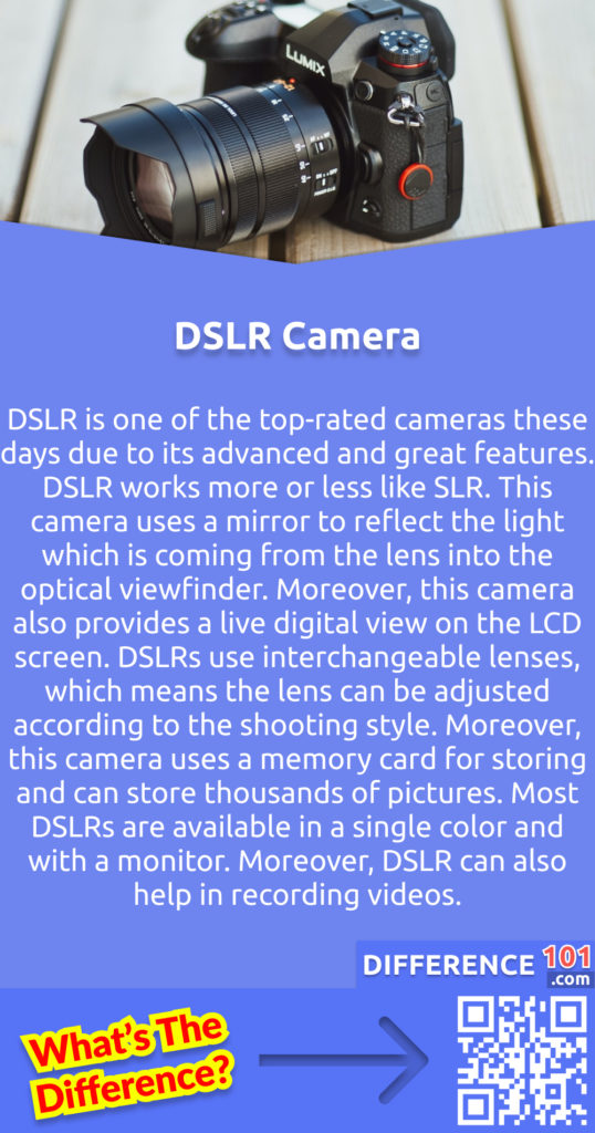 What is a DSLR? DSLR is one of the top-rated cameras these days due to its advanced and great features. DSLR works more or less like SLR. This camera uses a mirror to reflect the light which is coming from the lens into the optical viewfinder. Moreover, this camera also provides a live digital view on the LCD screen. DSLRs use interchangeable lenses, which means the lens can be adjusted according to the shooting style. Moreover, this camera uses a memory card for storing and can store thousands of pictures. Most DSLRs are available in a single color and with a monitor. Moreover, DSLR can also help in recording videos.