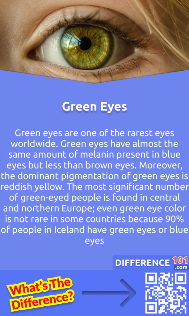 What Are Green Eyes? Green eyes are one of the rarest eyes worldwide. Green eyes have almost the same amount of melanin present in blue eyes but less than brown eyes. Moreover, the dominant pigmentation of green eyes is reddish yellow. The most significant number of green-eyed people is found in central and northern Europe; even green eye color is not rare in some countries because 90% of people in Iceland have green eyes or blue eyes.