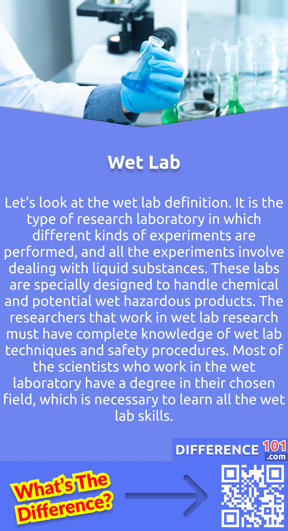What is a Wet Lab? Let's look at the wet lab definition. It is the type of research laboratory in which different kinds of experiments are performed, and all the experiments involve dealing with liquid substances. These labs are specially designed to handle chemical and potential wet hazardous products. The researchers that work in wet lab research must have complete knowledge of wet lab techniques and safety procedures. Most of the scientists who work in the wet laboratory have a degree in their chosen field, which is necessary to learn all the wet lab skills.