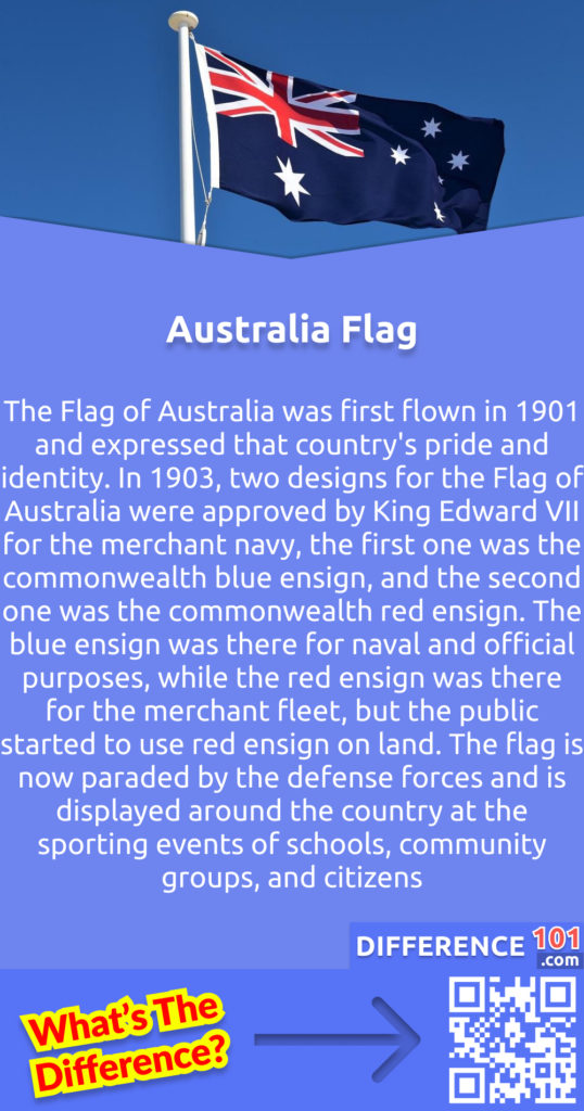 What is the Australia Flag? The Flag of Australia was first flown in 1901 and expressed that country's pride and identity. In 1903, two designs for the Flag of Australia were approved by King Edward VII for the merchant navy, the first one was the commonwealth blue ensign, and the second one was the commonwealth red ensign. The blue ensign was there for naval and official purposes, while the red ensign was there for the merchant fleet, but the public started to use red ensign on land. The flag is now paraded by the defense forces and is displayed around the country at the sporting events of schools, community groups, and citizens.