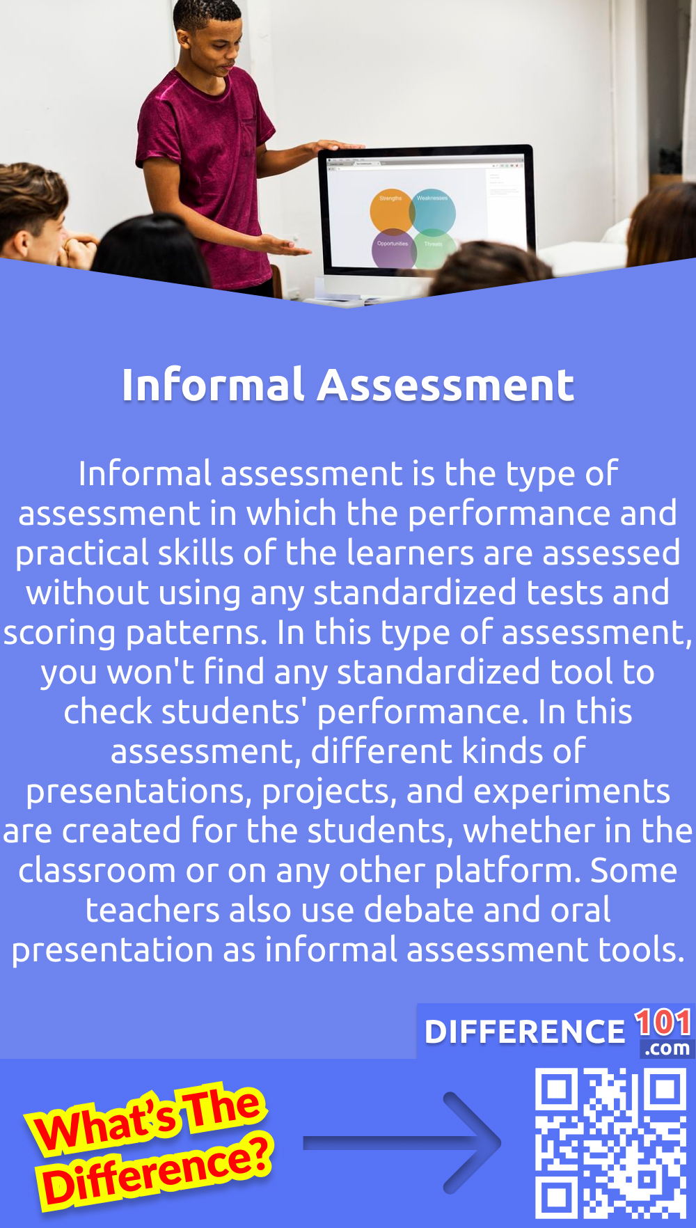What Is Informal Assessment? Informal assessment is the type of assessment in which the performance and practical skills of the learners are assessed without using any standardized tests and scoring patterns. In this type of assessment, you won't find any standardized tool to check students' performance. In this assessment, different kinds of presentations, projects, and experiments are created for the students, whether in the classroom or on any other platform. Some teachers also use debate and oral presentation as informal assessment tools. Some also consider debating and peer teaching as examples of informal assessments. Another way is to make a presentation or ask some question that a student has to answer in front of the whole class.