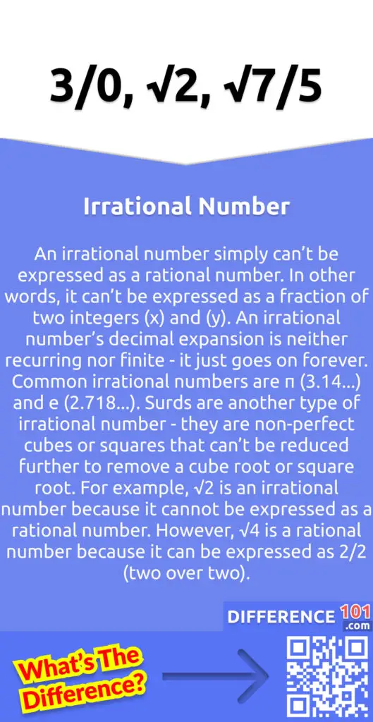 What Is An Irrational Number? Irrational number definition: an irrational number simply can’t be expressed as a rational number. In other words, it can’t be expressed as a fraction of two integers (x) and (y). An irrational number’s decimal expansion is neither recurring nor finite - it just goes on forever. Common irrational numbers are π (3.14...) and e (2.718...). Surds are another type of irrational number - they are non-perfect cubes or squares that can’t be reduced further to remove a cube root or square root. For example, √2 is an irrational number because it cannot be expressed as a rational number. However, √4 is a rational number because it can be expressed as 2/2 (two over two).
