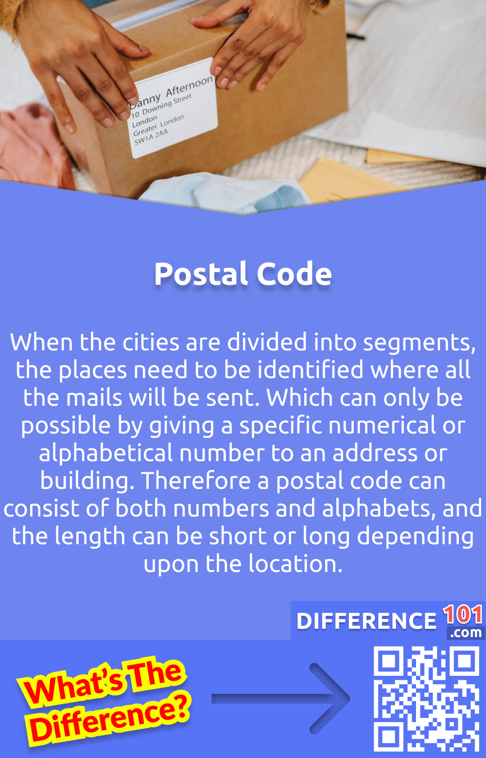What is a Postal Code? When the cities are divided into segments, the places need to be identified where all the mails will be sent. Which can only be possible by giving a specific numerical or alphabetical number to an address or building. Therefore a postal code can consist of both numbers and alphabets, and the length can be short or long depending upon the location.
