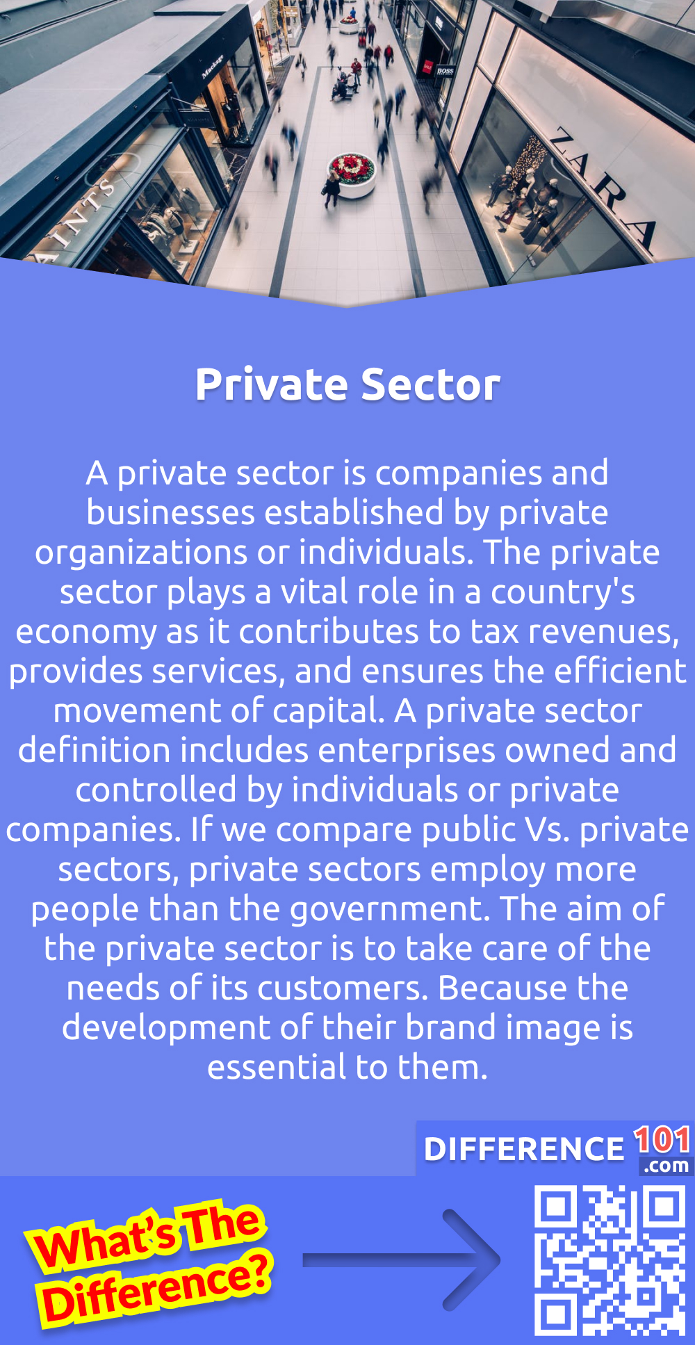 What is the Private Sector? A private sector is companies and businesses established by private organizations or individuals. The private sector plays a vital role in a country's economy as it contributes to tax revenues, provides services, and ensures the efficient movement of capital. A private sector definition includes enterprises owned and controlled by individuals or private companies. If we compare public Vs. private sectors, private sectors employ more people than the government. The aim of the private sector is to take care of the needs of its customers. Because the development of their brand image is essential to them.