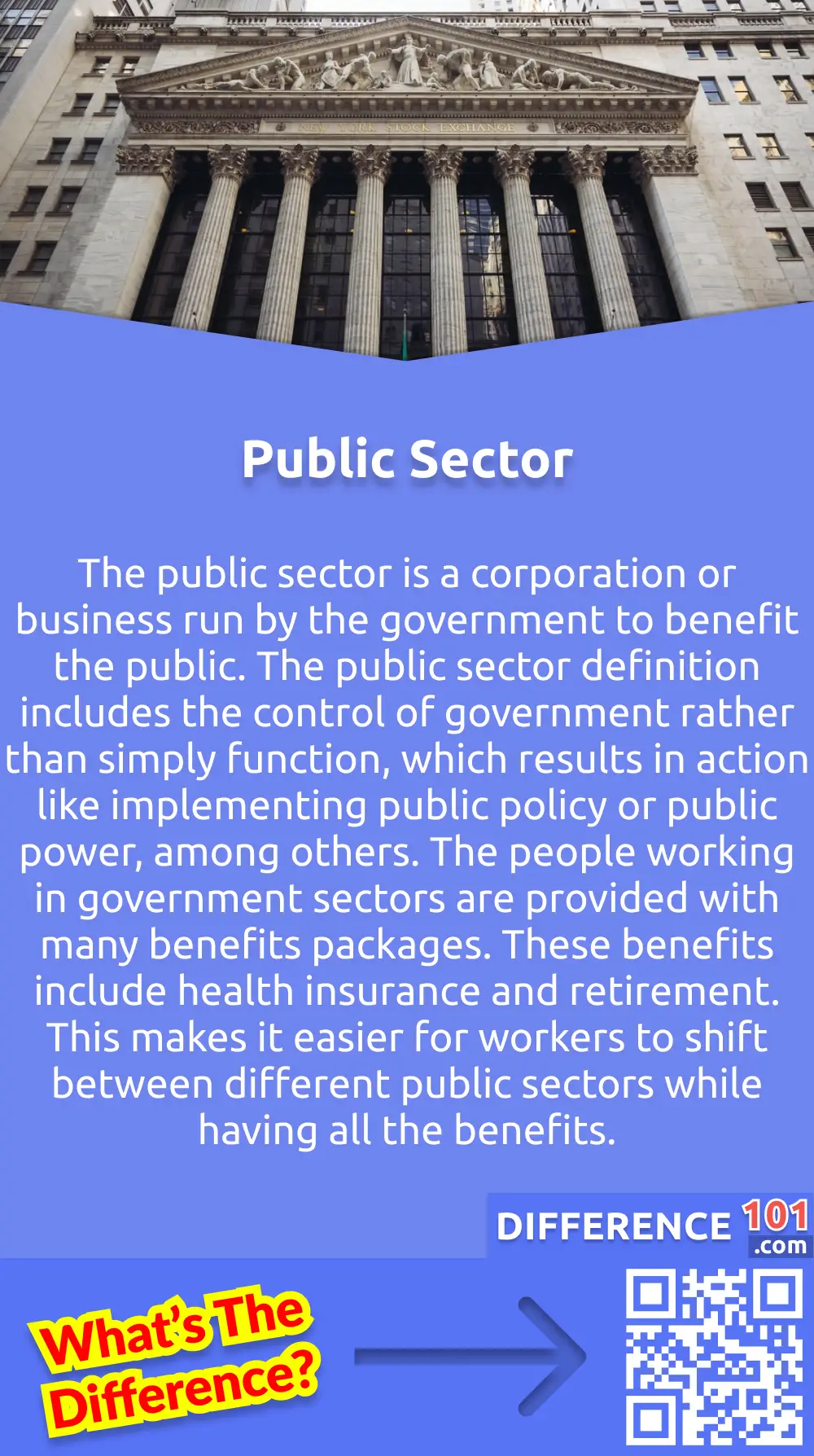 What is the Public Sector? The public sector is a corporation or business run by the government to benefit the public. The public sector definition includes the control of government rather than simply function, which results in action like implementing public policy or public power, among others. The people working in government sectors are provided with many benefits packages. These benefits include health insurance and retirement. This makes it easier for workers to shift between different public sectors while having all the benefits.