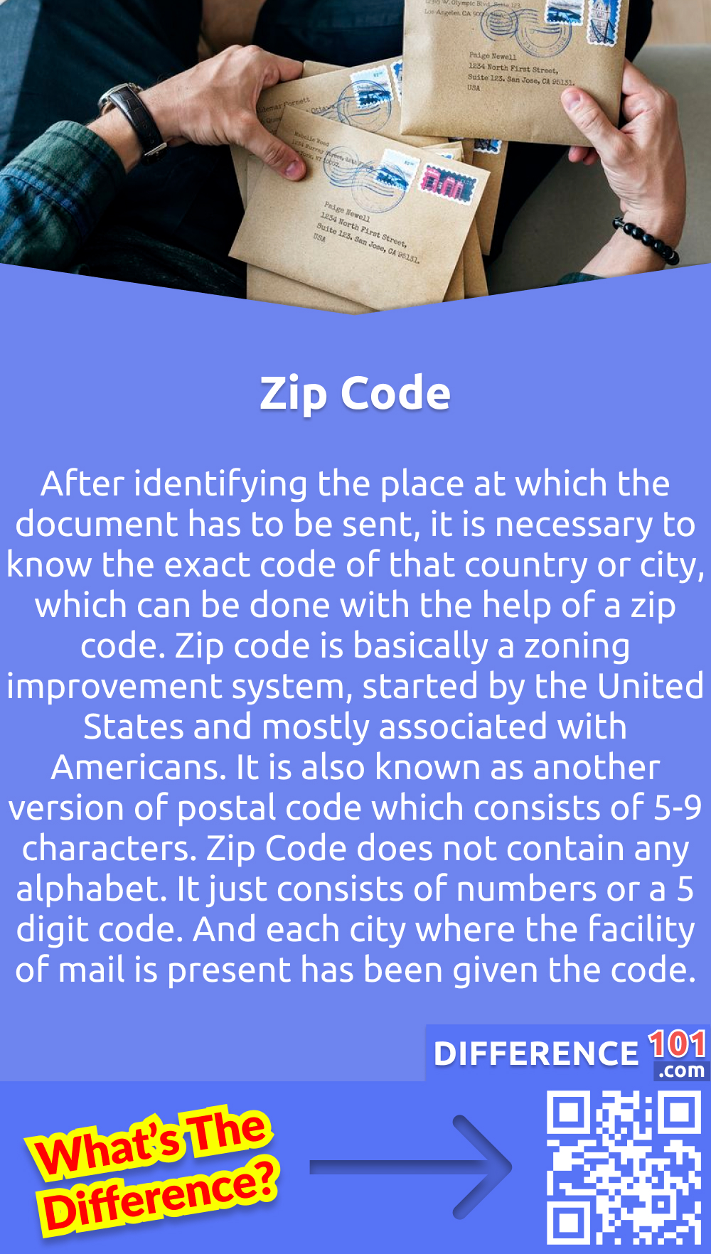 What is Zip Code? After identifying the place at which the document has to be sent, it is necessary to know the exact code of that country or city, which can be done with the help of a zip code. Zip code is basically a zoning improvement system, started by the United States and mostly associated with Americans. It is also known as another version of postal code which consists of 5-9 characters. Zip Code does not contain any alphabet. It just consists of numbers or a 5 digit code. And each city where the facility of mail is present has been given the code.