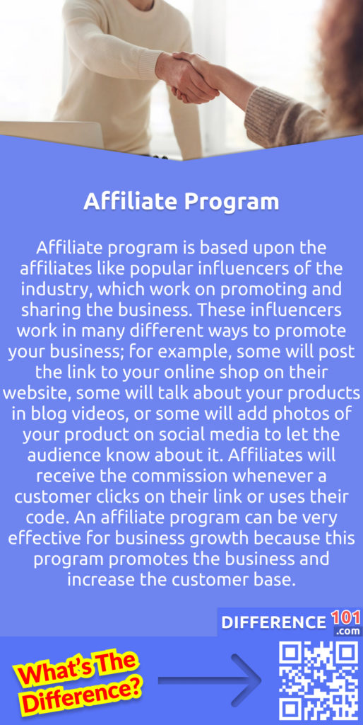 What Is an Affiliate Program? Affiliate program is based upon the affiliates like popular influencers of the industry, which work on promoting and sharing the business. These influencers work in many different ways to promote your business; for example, some will post the link to your online shop on their website, some will talk about your products in blog videos, or some will add photos of your product on social media to let the audience know about it. Affiliates will receive the commission whenever a customer clicks on their link or uses their code. An affiliate program can be very effective for business growth because this program promotes the business and increase the customer base.