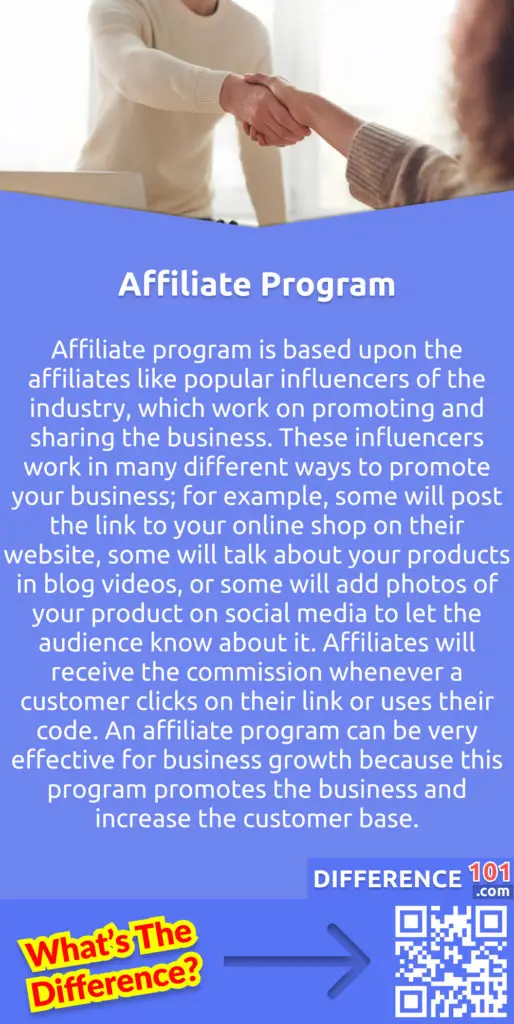 What Is an Affiliate Program? Affiliate program is based upon the affiliates like popular influencers of the industry, which work on promoting and sharing the business. These influencers work in many different ways to promote your business; for example, some will post the link to your online shop on their website, some will talk about your products in blog videos, or some will add photos of your product on social media to let the audience know about it. Affiliates will receive the commission whenever a customer clicks on their link or uses their code. An affiliate program can be very effective for business growth because this program promotes the business and increase the customer base.