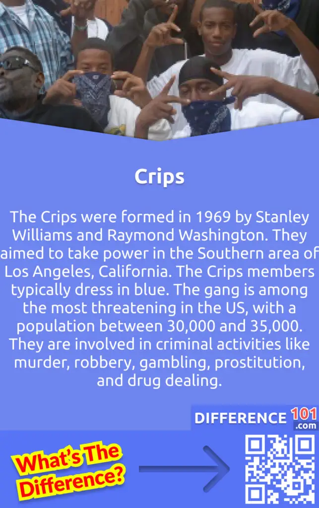 Who are the Crips? The Crips were formed in 1969 by Stanley Williams and Raymond Washington. They aimed to take power in the Southern area of Los Angeles, California. The Crips have a more centralized leadership than the Bloods and are mainly active in larger cities on the West Coast. The gang mainly inhabits the USA. The Crips members typically dress in blue. The gang is among the most threatening in the US, with a population between 30,000 and 35,000. They are involved in criminal activities like murder, robbery, gambling, prostitution, and drug dealing. Initially, the Crips were formed to protect their neighborhood from outside threats. However, the gang later began to accept members from the local community, which made it larger and more powerful. The Crips' fights then shifted from fistfights to shootouts.