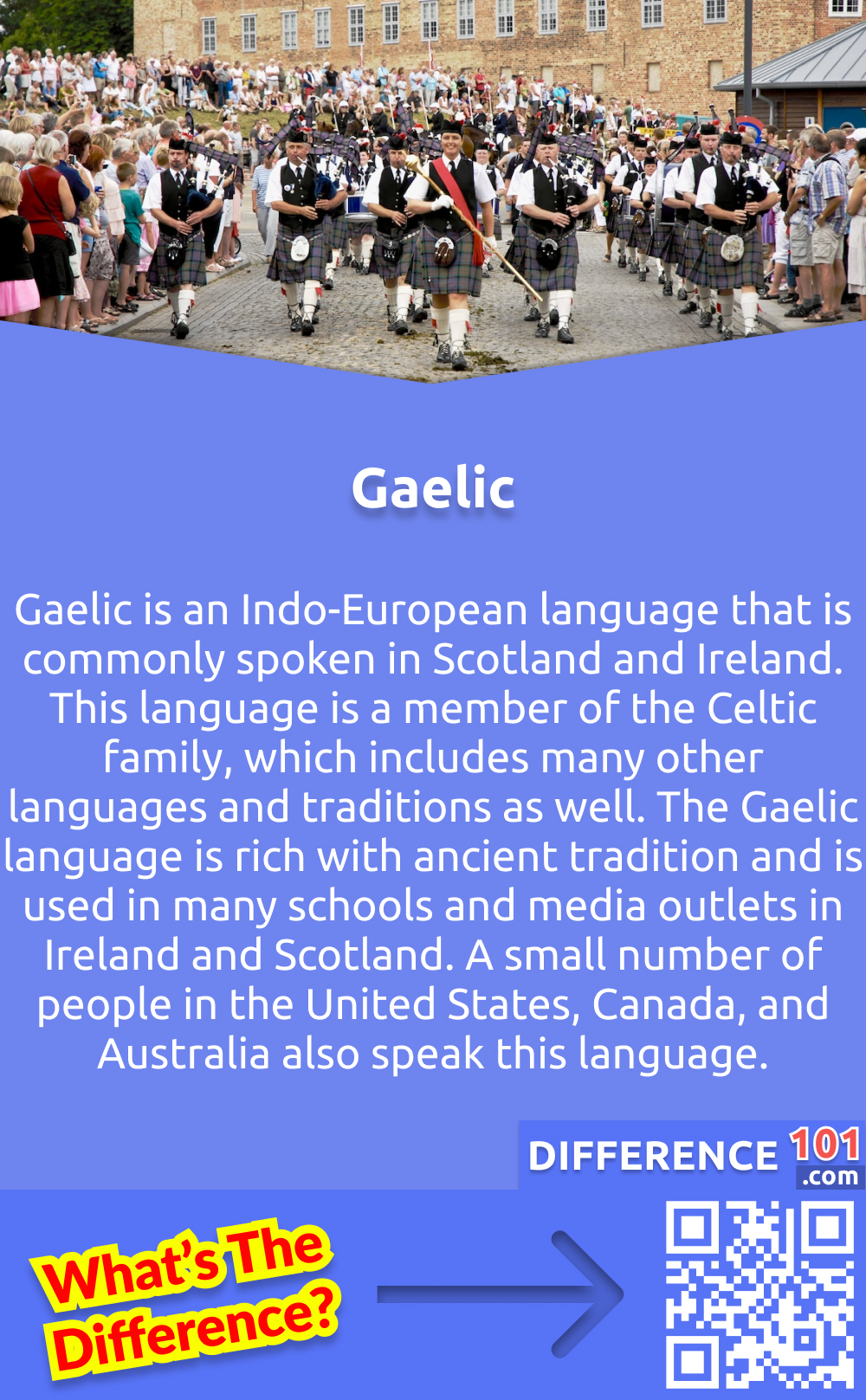 What Is the Gaelic Language? Gaelic is an Indo-European language that is commonly spoken in Scotland and Ireland. This language is a member of the Celtic family, which includes many other languages and traditions as well. The Gaelic language is rich with ancient tradition and is used in many schools and media outlets in Ireland and Scotland. A small number of people in the United States, Canada, and Australia also speak this language.