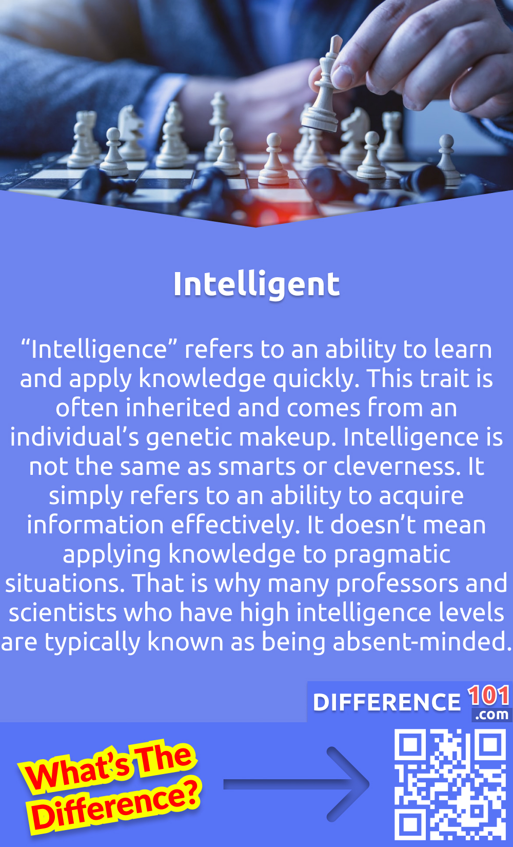 What Does Intelligence Mean? “Intelligence” refers to an ability to learn and apply knowledge quickly. This trait is often inherited and comes from an individual’s genetic makeup. Intelligence is not the same as smarts or cleverness. It simply refers to an ability to acquire information effectively. It doesn’t mean applying knowledge to pragmatic situations. That is why many professors and scientists who have high intelligence levels are typically known as being absent-minded.