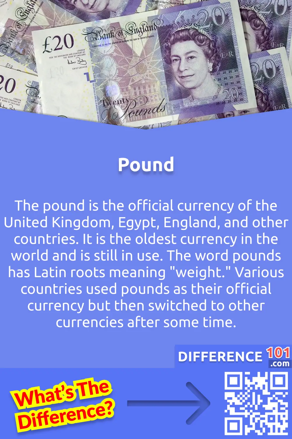 What Is Pound? The pound is the official currency of the United Kingdom, Egypt, England, and other countries. It is the oldest currency in the world and is still in use. The word pounds has Latin roots meaning "weight." Various countries used pounds as their official currency but then switched to other currencies after some time.