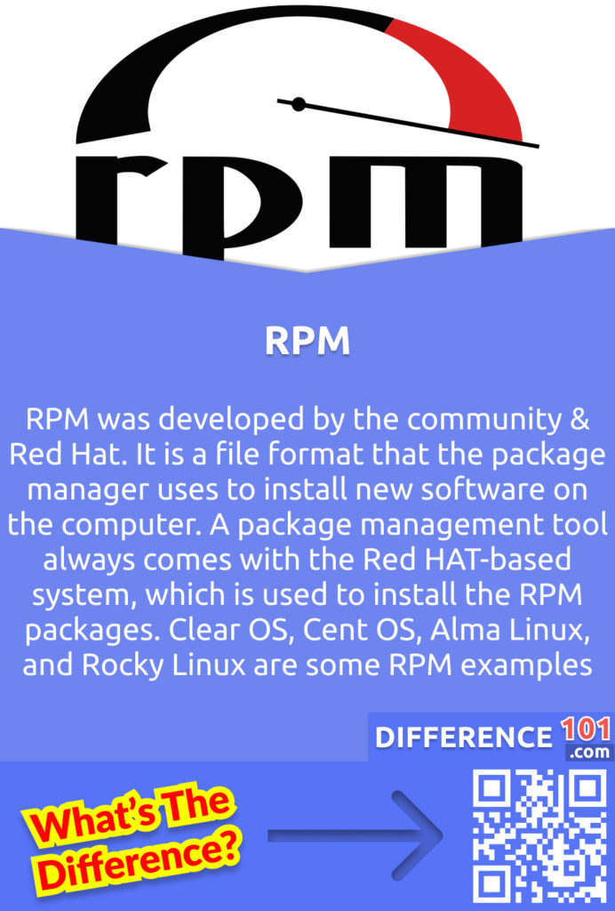 What is RPM? RPM was developed by the community & Red Hat. It is a file format that the package manager uses to install new software on the computer. A package management tool always comes with the Red HAT-based system, which is used to install the RPM packages. Clear OS, Cent OS, Alma Linux, and Rocky Linux are some RPM examples.