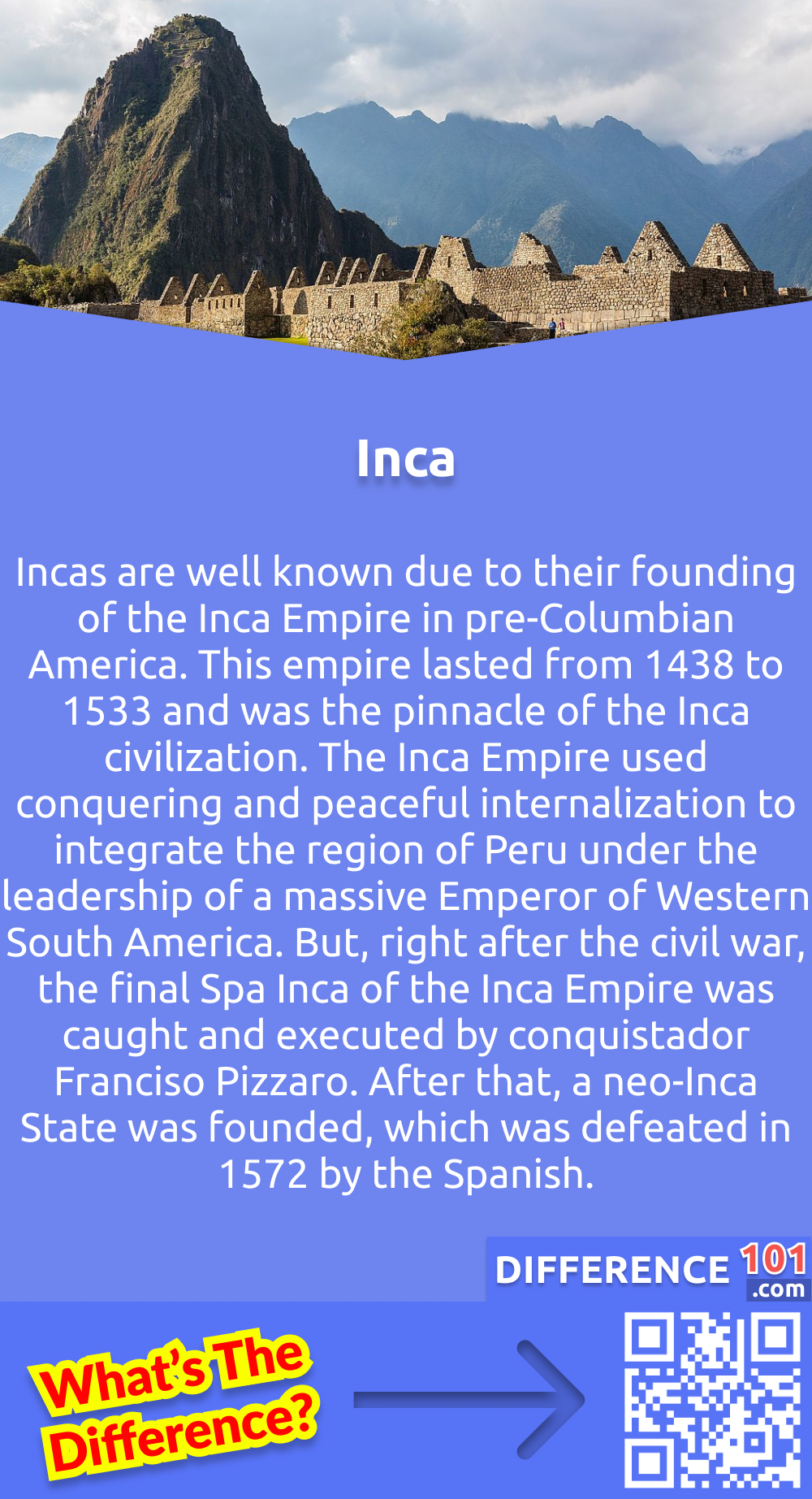 What Are Incas? Incas are well known due to their founding of the Inca Empire in pre-Columbian America. This empire lasted from 1438 to 1533 and was the pinnacle of the Inca civilization. The Inca Empire used conquering and peaceful internalization to integrate the region of Peru under the leadership of a massive Emperor of Western South America. But, right after the civil war, the final Spa Inca of the Inca Empire was caught and executed by conquistador Franciso Pizzaro. After that, a neo-Inca State was founded, which was defeated in 1572 by the Spanish.