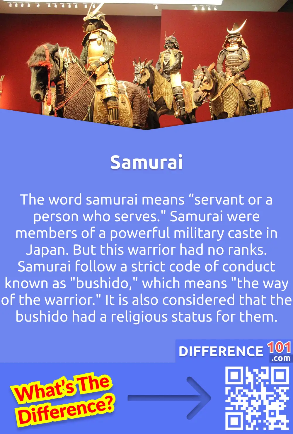 What Is a Samurai? The word samurai means “servant or a person who serves." Samurai were members of a powerful military caste in Japan. But this warrior had no ranks. Samurai follow a strict code of conduct known as "bushido," which means "the way of the warrior." It is also considered that the bushido had a religious status for them. 