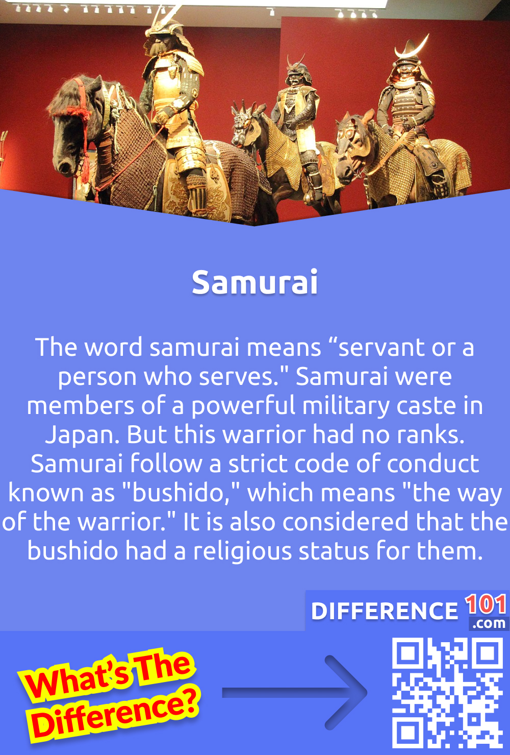 What Is a Samurai? The word samurai means “servant or a person who serves." Samurai were members of a powerful military caste in Japan. But this warrior had no ranks. Samurai follow a strict code of conduct known as "bushido," which means "the way of the warrior." It is also considered that the bushido had a religious status for them. 