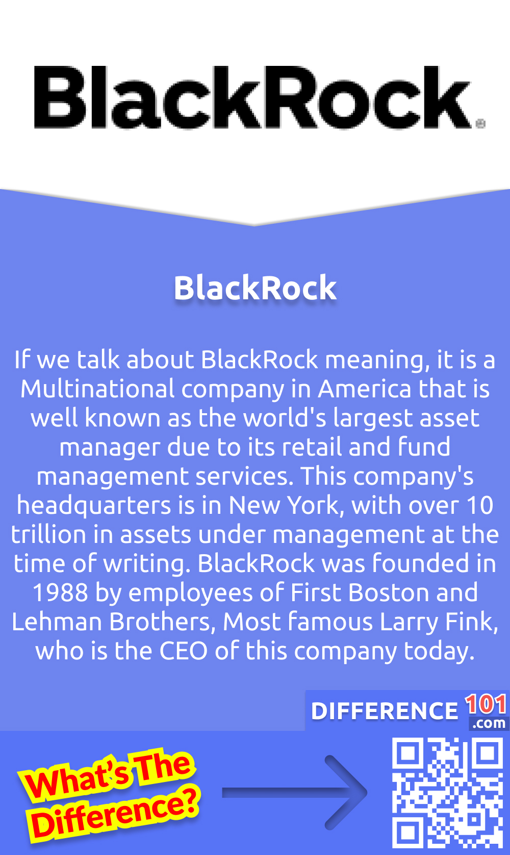 What is BlackRock? If we talk about BlackRock meaning, it is a Multinational company in America that is well known as the world's largest asset manager due to its retail and fund management services. This company's headquarters is in New York, with over 10 trillion in assets under management at the time of writing. BlackRock was founded in 1988 by employees of First Boston and Lehman Brothers, Most famous Larry Fink, who is the CEO of this company today. BlackRock does not have a limitation on investing, as it allows everyone to invest and deals in mutual funds. This is due to the higher accessibility of this company, which allows it to deal in large amounts of funds.
