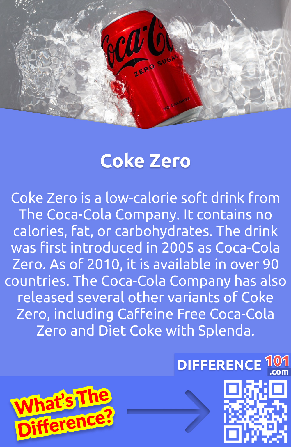 O que é Coque Zero? Coca-Cola Zero é um refrigerante de baixa caloria da The Coca-Cola Company. Não contém calorias, gordura ou carboidratos. A bebida foi introduzida pela primeira vez em 2005 como Coca-Cola Zero. A partir de 2010, ela está disponível em mais de 90 países. The Coca-Cola Company também lançou várias outras variantes de Coca-Cola Zero, incluindo Coca-Cola Zero sem cafeína e Coca-Cola Diet com Splenda.