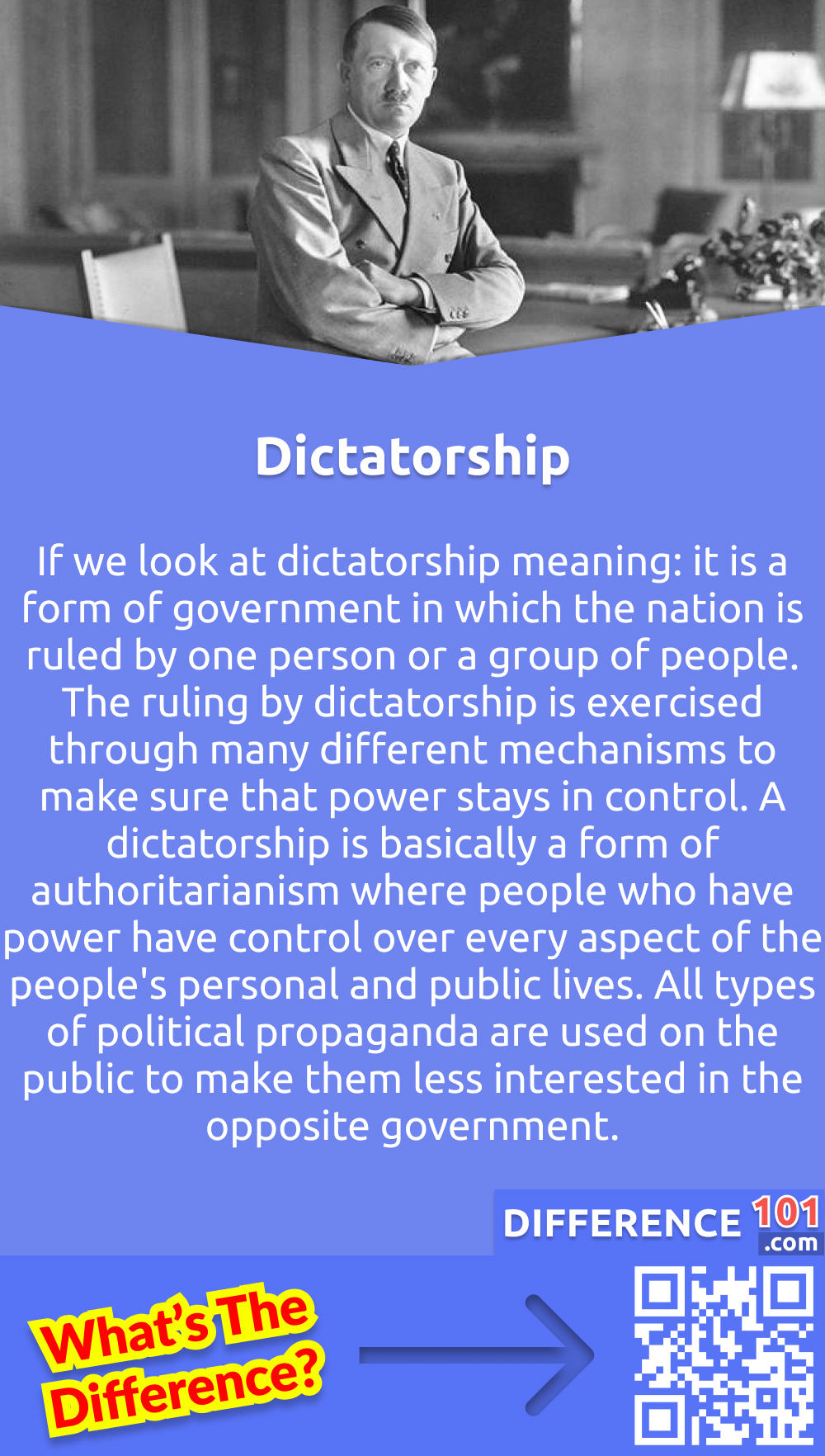 What Is Dictatorship? If we look at dictatorship meaning: it is a form of government in which the nation is ruled by one person or a group of people. The ruling by dictatorship is exercised through many different mechanisms to make sure that power stays in control. A dictatorship is basically a form of authoritarianism where people who have power have control over every aspect of the people's personal and public lives. All types of political propaganda are used on the public to make them less interested in the opposite government. Monarchy systems in the West employed various religious tactics to maintain their rule. Between the 10th and 20th centuries, the traditional monarchies declined. Elf-appointed leaders were backed by private armies. Which started a wave of military dictatorship in South America into the mid-20th century.