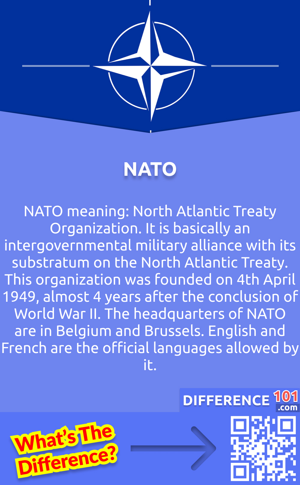 What is NATO? NATO meaning: North Atlantic Treaty Organization. It is basically an intergovernmental military alliance with its substratum on the North Atlantic Treaty. This organization was founded on 4th April 1949, almost 4 years after the conclusion of World War II. The headquarters of NATO  are in Belgium and Brussels. English and French are the official languages allowed by it. The NATO council is based upon a report submitted by five committees: the Committee on the Civil Dimension of Security, the Economic and Security Committee, the Defense and Security Committee, the Political Committee, and the Science and Technology Committee. The main purpose of NATO is to maintain peace in the Atlantic region.