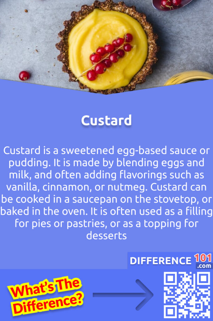 What Is Custard?
Custard is a sweetened egg-based sauce or pudding. It is made by blending eggs and milk, and often adding flavorings such as vanilla, cinnamon, or nutmeg. Custard can be cooked in a saucepan on the stovetop, or baked in the oven. It is often used as a filling for pies or pastries, or as a topping for desserts.