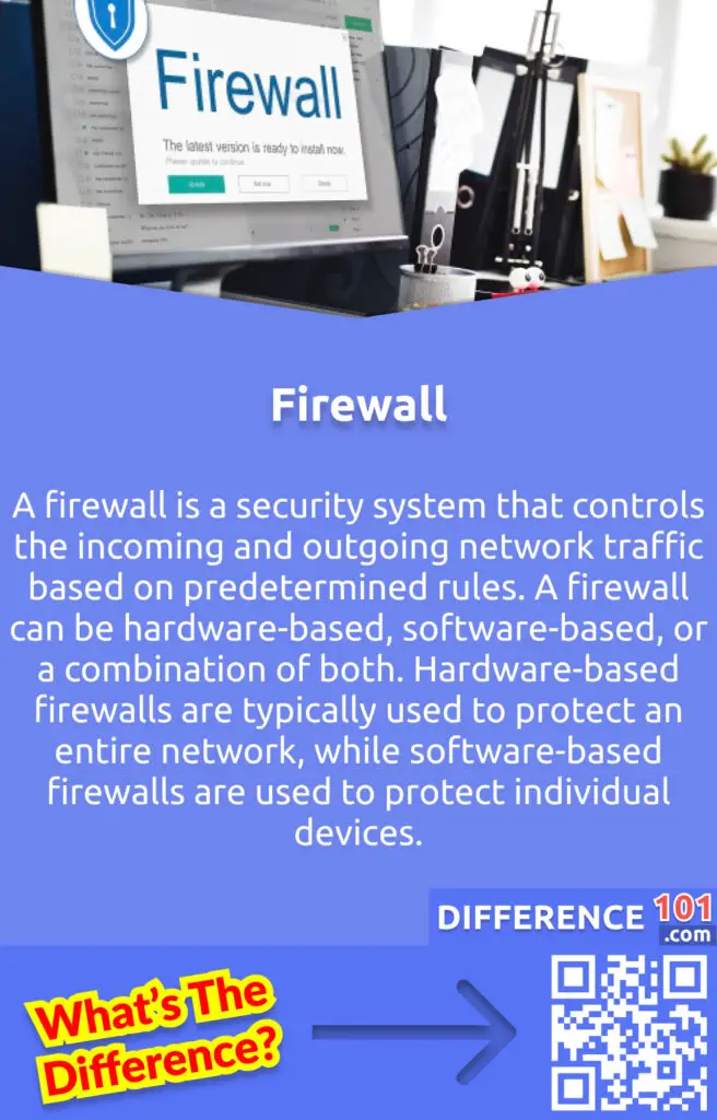 What Is Firewall? A firewall is a security system that controls the incoming and outgoing network traffic based on predetermined rules. A firewall can be hardware-based, software-based, or a combination of both. Hardware-based firewalls are typically used to protect an entire network, while software-based firewalls are used to protect individual devices.