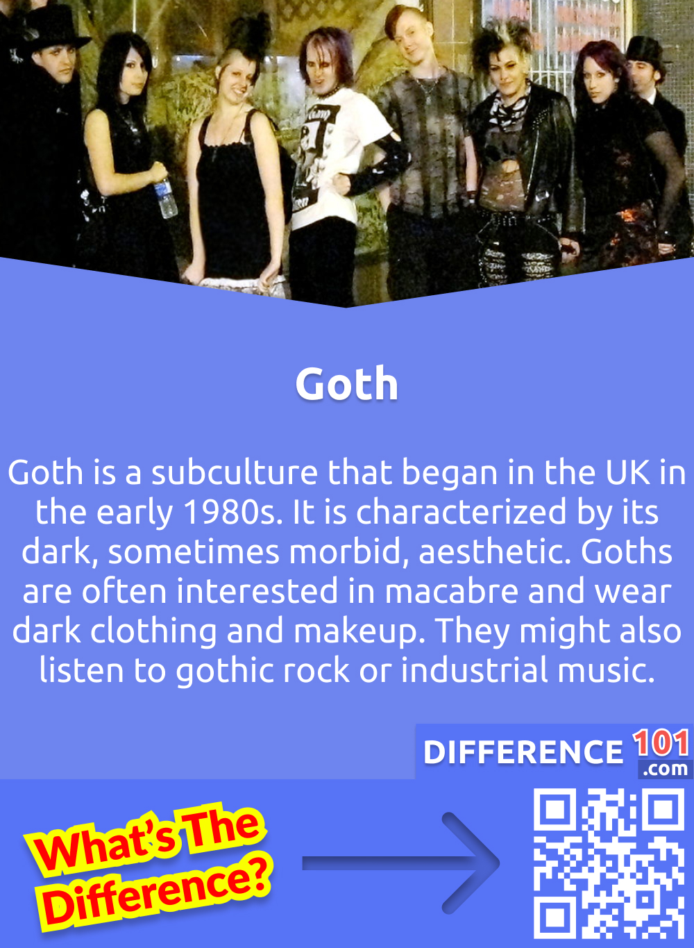 O que é Gótico? Goth é uma subcultura que começou no Reino Unido no início dos anos 80. Caracteriza-se por sua estética sombria, às vezes mórbida. Os góticos estão frequentemente interessados em macabro e usam roupas e maquiagem escuras. Eles também podem ouvir rock gótico ou música industrial.n