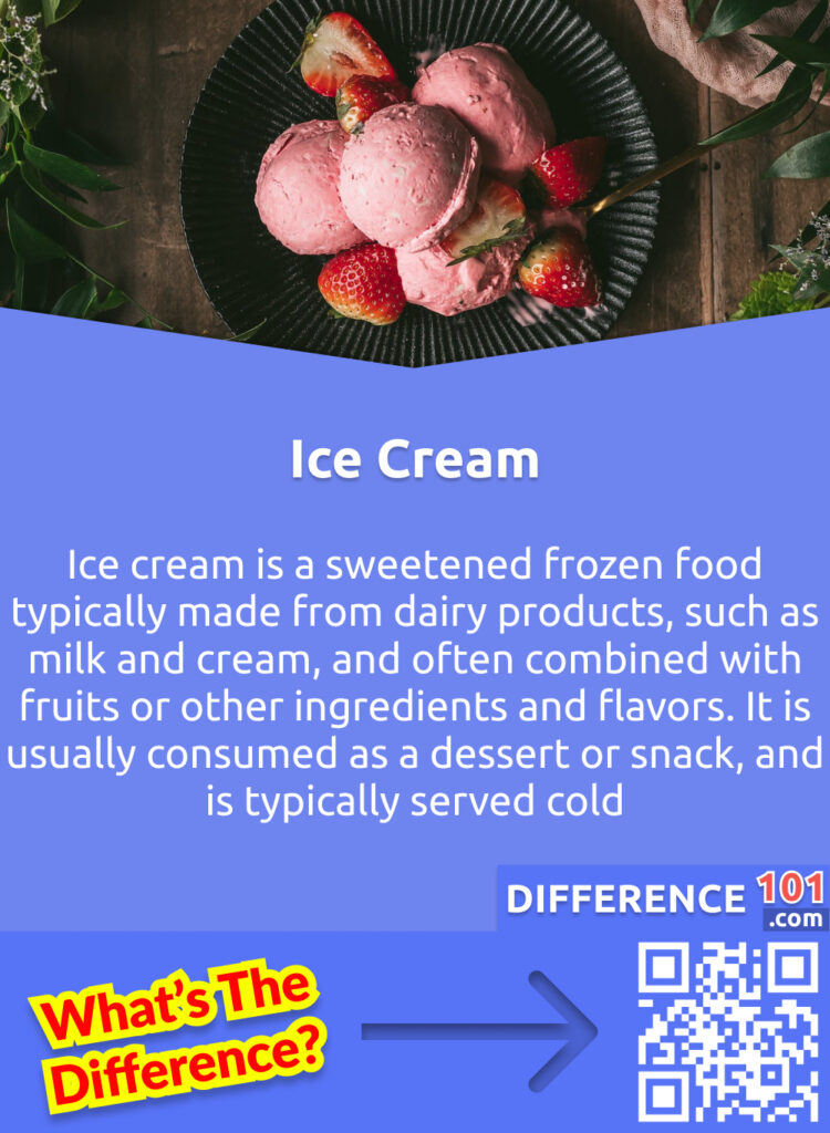 Qu'est-ce qu'une crème glacée ? La crème glacée est un aliment congelé sucré généralement fabriqué à partir de produits laitiers, tels que le lait et la crème, et souvent combiné avec des fruits ou d'autres ingrédients et arômes. Elle est généralement consommée comme un dessert ou une collation, et est généralement servie froide.