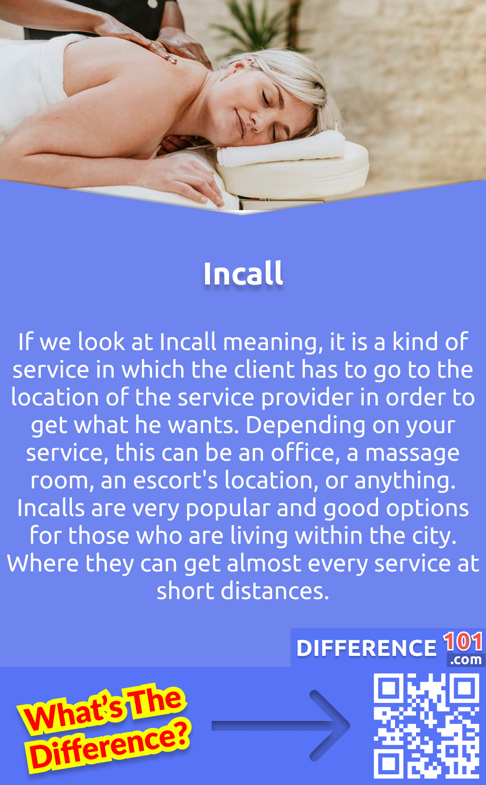 What Is An Incall? If we look at Incall meaning, it is a kind of service in which the client has to go to the location of the service provider in order to get what he wants. Depending on your service, this can be an office, a massage room, an escort's location, or anything. Incalls are very popular and good options for those who are living within the city. Where they can get almost every service at short distances. Incall services are also suitable for those people who avoid any kind of disturbance. A lot of people also choose incall services over others because it feels safe as the client’s location is not exposed to anyone else.