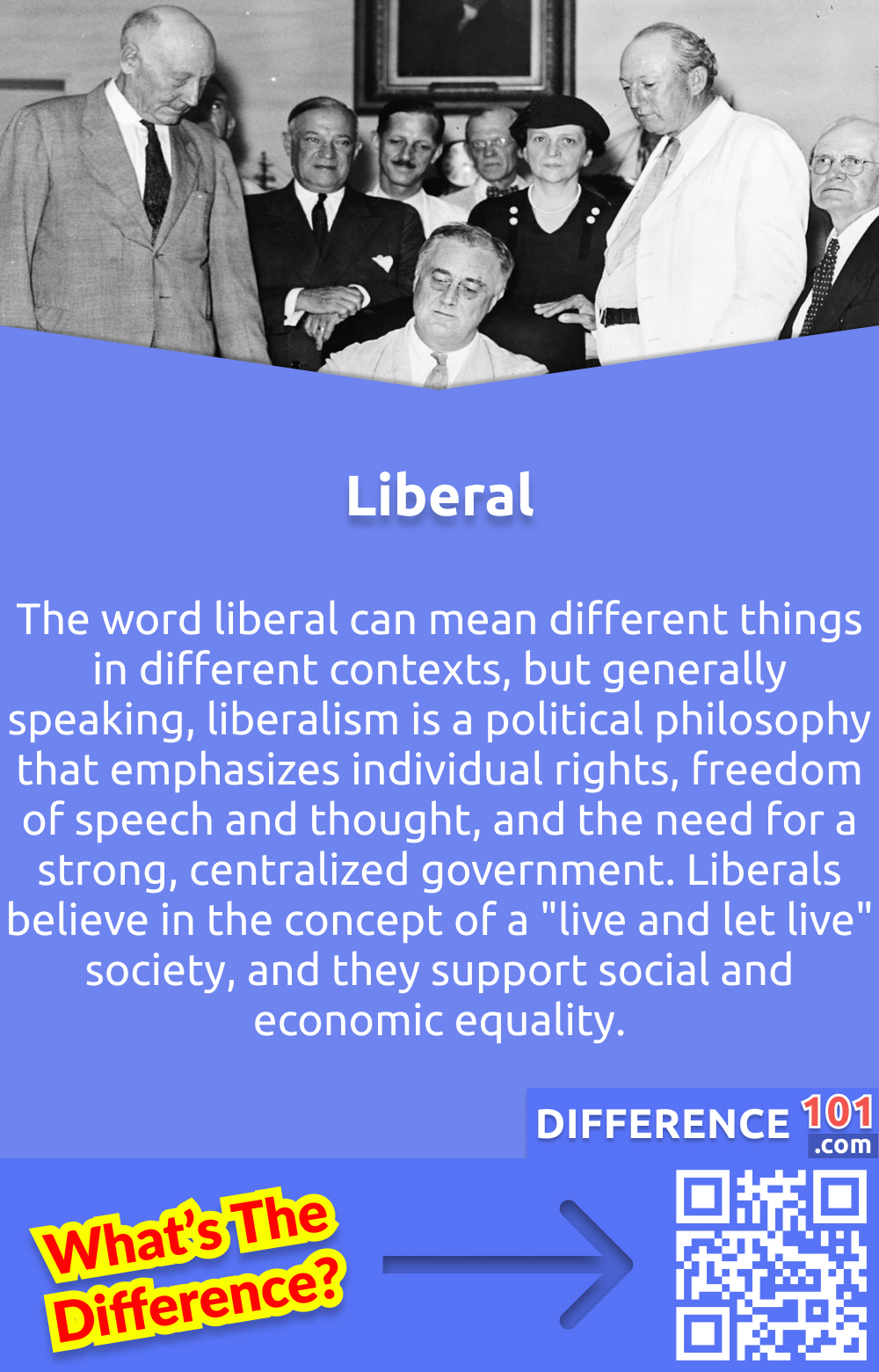 What Is Liberal? The word liberal can mean different things in different contexts, but generally speaking, liberalism is a political philosophy that emphasizes individual rights, freedom of speech and thought, and the need for a strong, centralized government. Liberals believe in the concept of a "live and let live" society, and they support social and economic equality.
