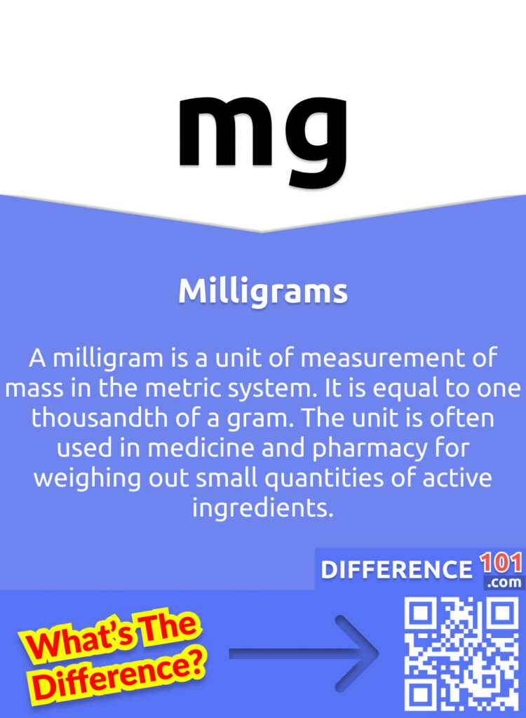 O que é Milligrams? Um miligrama é uma unidade de medida de massa no sistema métrico. É igual a um milésimo de grama. A unidade é freqüentemente usada em medicina e farmácia para pesar pequenas quantidades de ingredientes ativos.