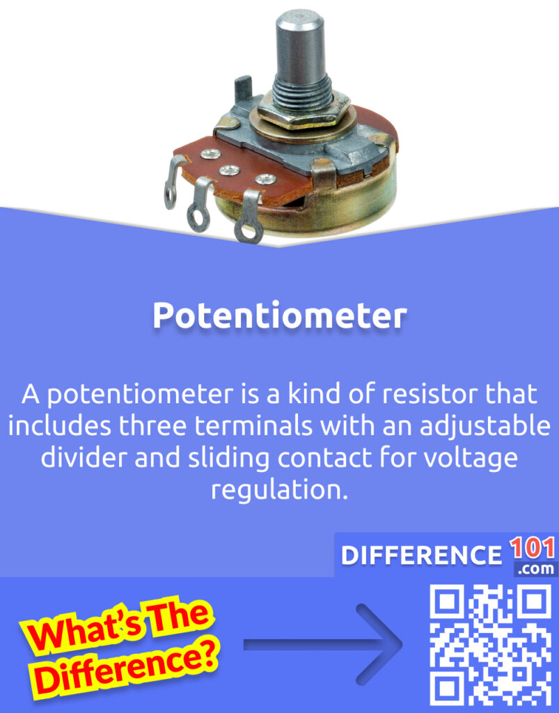 What Is Potentiometer? A potentiometer is a kind of resistor that includes three terminals with an adjustable divider and sliding contact for voltage regulation. 