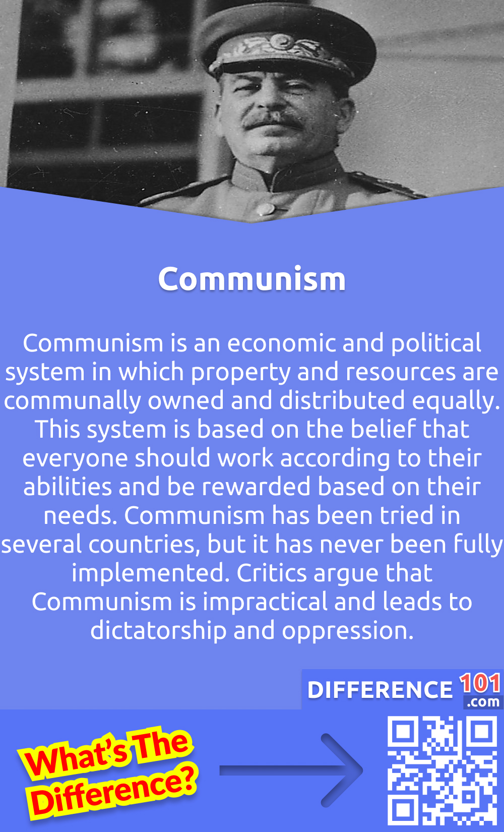 What Is Communism? Communism is an economic and political system in which property and resources are communally owned and distributed equally. This system is based on the belief that everyone should work according to their abilities and be rewarded based on their needs. Communism has been tried in several countries, but it has never been fully implemented. Critics argue that Communism is impractical and leads to dictatorship and oppression.