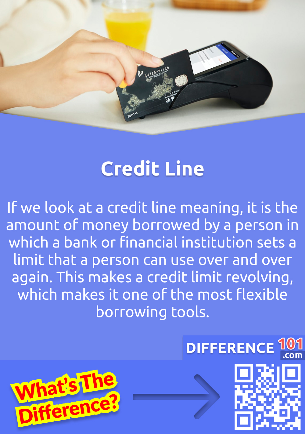 What Is A Credit Line? If we look at a credit line meaning, it is the amount of money borrowed by a person in which a bank or financial institution sets a limit that a person can use over and over again. This makes a credit limit revolving, which makes it one of the most flexible borrowing tools. Unlike loans, credit lines can be used for many purposes like everyday purchases, small renovations, managing trips and paying high interests debts. A person's credit line works similarly to his credit card, and the person can use the funds whenever he needs them as long as the credit is available. But credit lines have higher interest rates as compared to a loan. The payment method is monthly and made up of both interest and principal. The credit line of a person has an impact on his credit reports and credit scores as well.