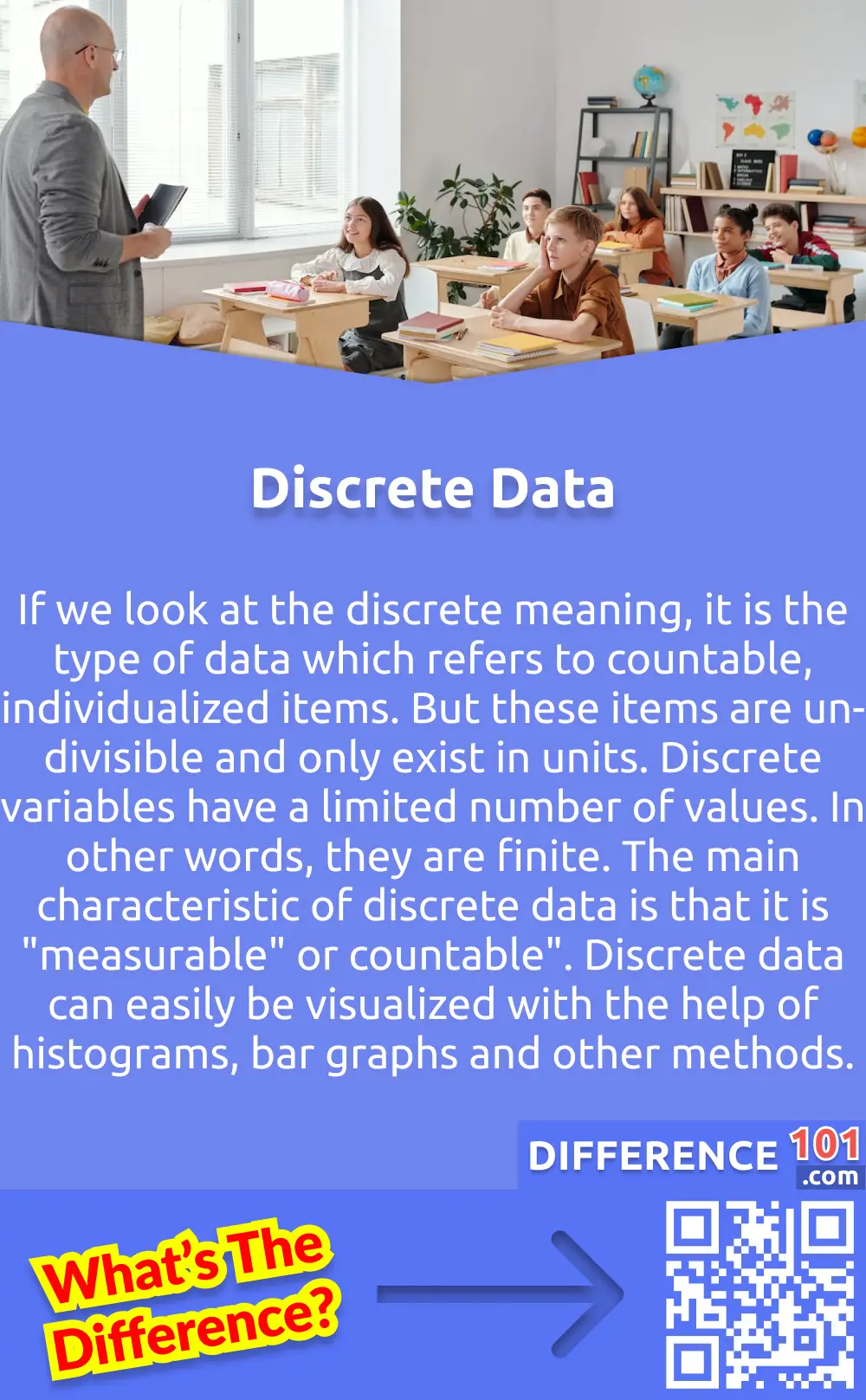What Is Discrete Data? If we look at the discrete meaning, it is the type of data which refers to countable, individualized items. But these items are un-divisible and only exist in units. Discrete variables have a limited number of values. In other words, they are finite. The main characteristic of discrete data is that it is "measurable" or countable". Discrete data can easily be visualized with the help of histograms, bar graphs and other methods. Discrete data contains a wide range of other data types as well. For example, it handles qualitative data and ordinal data. Moreover, discrete data, for example, the letter grading system, does not have to be in number all the time. Discrete data also have limited granularity, and the users can only divide it into the smallest units.
