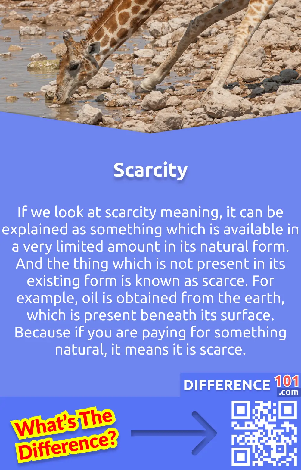What is Scarcity? If we look at scarcity meaning, it can be explained as something which is available in a very limited amount in its natural form. And the thing which is not present in its existing form is known as scarce. For example, oil is obtained from the earth, which is present beneath its surface. Oil companies worldwide spend tons of money to extract that oil from the earth in its possible shape. Once they obtained it, they sold it to other local companies, and then those companies sold it to the consumers. This whole process takes a lot of time and various processes, and people have to pay for it. So, oil is scarce. Because if you are paying for something natural, it means it is scarce.
