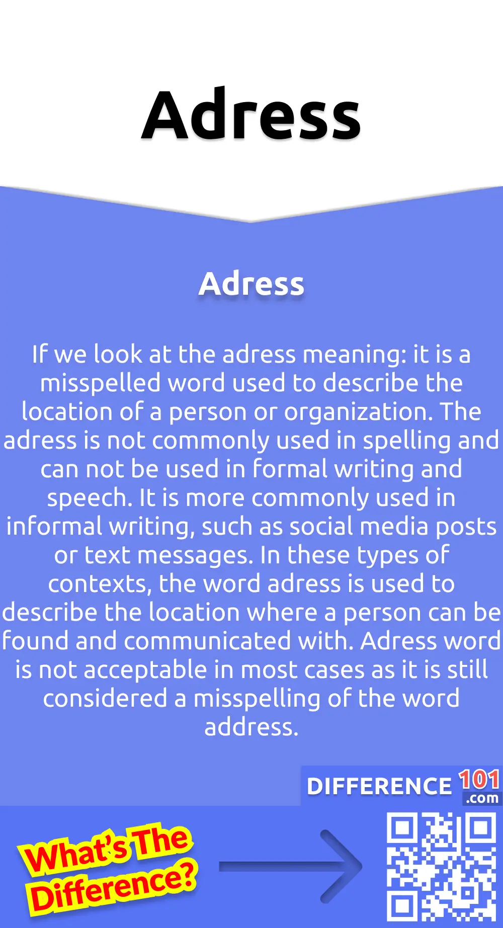 What Is Adress? If we look at the adress meaning: it is a misspelled word used to describe the location of a person or organization. The adress is not commonly used in spelling and can not be used in formal writing and speech. It is more commonly used in informal writing, such as social media posts or text messages. In these types of contexts, the word adress is used to describe the location where a person can be found and communicated with. Adress word is not acceptable in most cases as it is still considered a misspelling of the word address. Therefore this word cannot be used in academic writing or professional writing. Some examples of adress in informal speech are, “Tell me your adress, and I will send you your delivery?" or "I have told you my adress hundred times.”