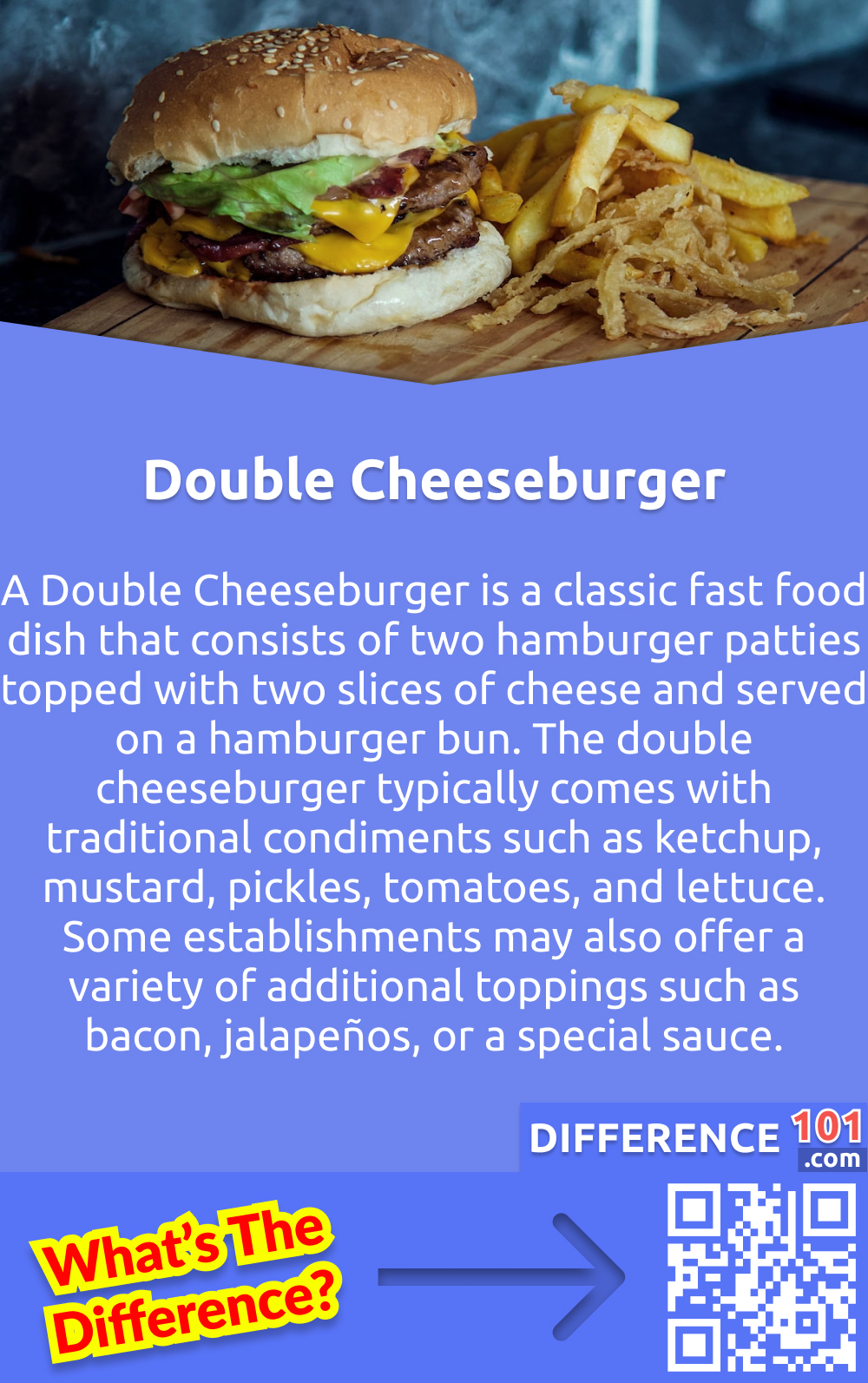 What Is Double Cheeseburger? A double cheeseburger is a classic fast food dish that consists of two hamburger patties topped with two slices of cheese and served on a hamburger bun. It is a popular choice for burger lovers who want more than the classic single patty cheeseburger. The double cheeseburger typically comes with traditional condiments such as ketchup, mustard, pickles, tomatoes, and lettuce. Some establishments may also offer a variety of additional toppings such as bacon, jalapeños, or a special sauce. The double cheeseburger can be ordered as a meal with a side of fries, onion rings, or a salad. Whether you're looking for a quick lunch or a hearty dinner, the double cheeseburger is sure to satisfy.