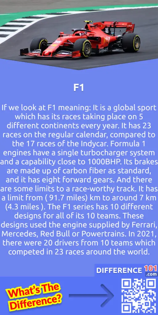 What Is F1?
If we look at F1 meaning: It is a global sport which has its races taking place on 5 different continents every year. It has 23 races on the regular calendar, compared to the 17 races of the Indycar. Formula 1 engines have a single turbocharger system and a capability close to 1000BHP. Its brakes are made up of carbon fiber as standard, and it has eight forward gears. And there are some limits to a race-worthy track. It has a limit from ( 91.7 miles) km to around 7 km (4.3 miles ). The F1 series has 10 different designs for all of its 10 teams. These designs used the engine supplied by Ferrari, Mercedes, Red Bull or Powertrains. In 2021, there were 20 drivers from 10 teams which competed in 23 races around the world. And the majority of them were purpose-built road courses.